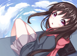 Rule 34 | 1girl, :o, above clouds, absurdres, artist name, bag, blush, brown hair, cloud, commentary, day, from above, grey jacket, helen phan, highres, iki hiyori, jacket, long hair, looking at viewer, noragami, open mouth, pink eyes, purple skirt, red scarf, scarf, school uniform, signature, sitting, skirt, sky, solo