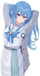 Rule 34 | 1girl, arms behind head, arms up, belt, blue choker, blue eyes, blue hair, blue neckerchief, blush, cardigan, choker, closed mouth, commentary request, daily (daily178900), grey belt, grey cardigan, highres, hololive, hoshimachi suisei, hoshimachi suisei (school uniform), long hair, looking at viewer, neckerchief, official alternate costume, open cardigan, open clothes, sailor collar, school uniform, serafuku, shirt, simple background, skirt, smile, solo, upper body, virtual youtuber, white background, white sailor collar, white serafuku, white shirt, white skirt
