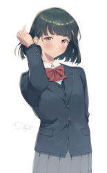 Rule 34 | 1girl, absurdres, arm behind back, blazer, blunt bangs, blunt ends, blush, bow, bowtie, commentary request, green hair, grey skirt, tucking hair, highres, idolmaster, idolmaster cinderella girls, jacket, looking at viewer, niwa hitomi, pleated skirt, red bow, red bowtie, sanpo (sanpo 1027), school uniform, signature, simple background, skirt, solo, white background