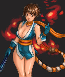 Rule 34 | 1girl, breasts, brown eyes, brown hair, female focus, fire, shiranui mai, short hair, snk, solo, standing, the king of fighters