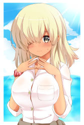 Rule 34 | 1girl, aoi kanan, blonde hair, blush, breasts, brown eyes, closed mouth, collared shirt, commentary request, copyright request, day, dress shirt, eyebrows hidden by hair, hair over one eye, hands up, highres, large breasts, long hair, looking at viewer, outdoors, red scrunchie, scrunchie, shirt, short sleeves, solo, steepled fingers, sun, sunlight, sweat, tan, upper body, white shirt, wrist scrunchie