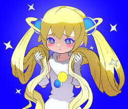 Rule 34 | 1girl, akuukan koneru, blonde hair, blue background, blue eyes, blush, blush stickers, dress, frown, gloves, gravity beyond, hyperspace, long hair, looking at viewer, sad, simple background, solo, sparkle, symbol-shaped pupils, twintails, two side up, upper body, very long hair, white dress, white gloves