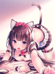 Rule 34 | 1girl, all fours, animal ears, armband, bare back, black hair, black thighhighs, blunt bangs, breasts, cat ears, cat tail, crop top, fang, fishnet thighhighs, fishnets, flower, garter straps, hair flower, hair ornament, long hair, miniskirt, nemuri nemu, open mouth, original, purple eyes, rose, skirt, small breasts, solo, tail, thighhighs, wrist cuffs
