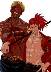 Rule 34 | 2boys, absurdres, bad id, bad twitter id, beard, beowulf (fate), blonde hair, carrying over shoulder, cowboy shot, crossed arms, dark-skinned male, dark skin, facial hair, fate/grand order, fate (series), grin, hand on own hip, highres, li shuwen (fate), li shuwen (fate/grand order), li shuwen (young) (fate), li shuwen (young) (third ascension) (fate), looking at viewer, male focus, manly, multiple boys, nippar, polearm, ponytail, red eyes, red hair, scar, smile, topless male, weapon