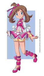 Rule 34 | 1girl, arms at sides, artist name, blue eyes, border, bow, brown hair, child, closed mouth, creatures (company), crop top, detached sleeves, earrings, eyelashes, female focus, fingernails, flat chest, full body, game freak, gen 3 pokemon, gen 6 pokemon, grey eyes, hair bow, hair ornament, hair ribbon, happy, high heels, highres, idol, jewelry, legs, long fingernails, looking at viewer, may (pokemon), may (pokemon oras), medium hair, mega stone, midriff, miniskirt, miyuki tsukiyono, multicolored clothes, navel, neck, nintendo, no socks, official alternate costume, open mouth, pink bow, pink footwear, pink high heels, pink ribbon, pink tank top, pokemon, pokemon oras, ponytail, ribbon, shiny clothes, shiny skin, short-sleeved shirt, short ponytail, short shorts, short sleeves, shorts, showgirl skirt, side bangs, side tail, simple background, skirt, smile, standing, tank top, transparent border, two-tone footwear, two-tone shirt, two-tone shorts, wristband, yellow shorts