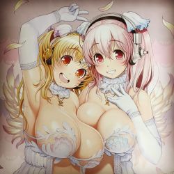 Rule 34 | 2girls, angel wings, arm up, armpits, blonde hair, blush, breasts, cleavage, cowboy shot, dress, elbow gloves, female focus, gloves, highres, jewelry, large breasts, long hair, looking at viewer, midriff, multiple girls, navel, nitroplus, open mouth, pink hair, plump, red eyes, smile, stomach, super pochaco, super sonico, tsuji santa, upper body, v, wedding dress, wife and wife, wings, yellow eyes