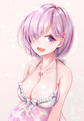Rule 34 | 1girl, :d, absurdres, alternate costume, bow, breasts, cleavage, fate/grand order, fate (series), hair bow, hair over one eye, has bad revision, has downscaled revision, hayashi takeo, highres, jewelry, large breasts, light purple hair, looking at viewer, mash kyrielight, md5 mismatch, necklace, open mouth, pink bow, purple eyes, resolution mismatch, short hair, smile, solo, source smaller, swimsuit, upper body, white bow