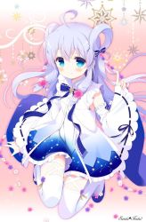 Rule 34 | ahoge, blue eyes, blue hair, blush, closed mouth, detached sleeves, flower, flower knight girl, full body, hair ornament, kneeling, long hair, santa matsuri, shoes, smile, solo, star (symbol), starry background, sutera (flower knight girl), thighhighs, white thighhighs