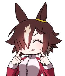 Rule 34 | 1girl, animal ears, blush, brown hair, closed mouth, commentary request, ear ornament, hair over one eye, horse ears, horse girl, jacket, long hair, pointing, pointing at self, red jacket, simple background, siriusu si, smile, solo, tongue, tongue out, tracen training uniform, track jacket, umamusume, upper body, vodka (umamusume), white background