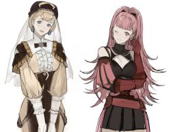 Rule 34 | 2girls, aged up, blonde hair, blue eyes, blunt bangs, breasts, cleavage, closed mouth, dress, earrings, female focus, fire emblem, fire emblem: three houses, gloves, hat, hilda valentine goneril, jewelry, large breasts, long hair, long sleeves, matching hair/eyes, mercedes von martritz, multiple girls, nintendo, one eye closed, open mouth, pieces fe3h, pink eyes, pink hair, ponytail, red gloves, short hair, simple background, smile, upper body, veil, white background, white gloves, wink