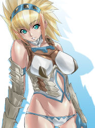Rule 34 | 1girl, armor, bad id, bad pixiv id, bare shoulders, barioth (armor), blonde hair, blue eyes, breasts, capcom, dodai shouji, female focus, gauntlets, gradient background, hairband, highres, large breasts, monster hunter, monster hunter (series), monster hunter portable 3rd, navel, panties, solo, underwear, white background
