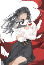 Rule 34 | 1girl, animal, artist name, bird, black hair, black ribbon, bow, bucky (chainsaw man), chainsaw man, chicken, facial scar, fingernails, headless, highres, holding, holding animal, lanhacy, long hair, looking at viewer, parted lips, petting, red bow, ribbon, ringed eyes, scar, scar on cheek, scar on face, scar on nose, smile, teeth, yellow eyes, yoru (chainsaw man)