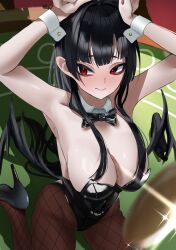 Rule 34 | antenna hair, arms up, black hair, blue archive, blush, breasts, cheru blac, coin, highres, large breasts, leotard, long hair, playboy bunny, red eyes, sitting, table, tsurugi (blue archive)
