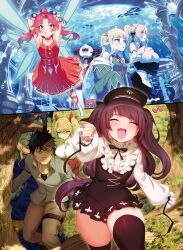 Rule 34 | 1boy, 6+girls, ahoge, apron, arms behind head, bear, black hair, blonde hair, character request, christina (tanaka the wizard), closed mouth, collared shirt, dress, edita (tanaka the wizard), fairy, fairy wings, fang, fish, highres, long hair, long sleeves, looking up, m-da s-tarou, maid, maid apron, maid headdress, mesugaki, multiple girls, musical note, nail polish, official art, open mouth, pants, pleated dress, pointy ears, ponytail, puffy long sleeves, puffy sleeves, sharp teeth, shirt, skindentation, sleeves past wrists, tanaka the wizard, teeth, thighhighs, tree, twintails, wavy hair, wings, yoshio tanaka