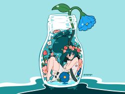 Rule 34 | 1girl, asui tsuyu, bare arms, bare shoulders, barefoot, black eyes, blue background, blue flower, boku no hero academia, closed mouth, commentary, dress, english commentary, flower, green hair, hair rings, head wreath, imjayu, in container, in jar, long hair, looking at viewer, low-tied long hair, pink flower, simple background, solo, submerged, twitter username, underwater, very long hair, water, white dress