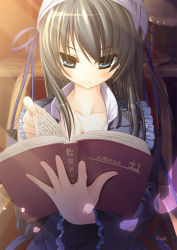 Rule 34 | 1girl, bad id, bad pixiv id, black hair, blue eyes, blush, book, breasts, cleavage, detached sleeves, frills, hat, highres, holding, holding book, lamp, long hair, original, petals, rozea (graphmelt), solo