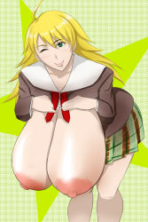 Rule 34 | 1girl, bad anatomy, blonde hair, breasts, breasts out, es hisashi, female focus, gigantic breasts, green eyes, hanging breasts, highres, large areolae, leaning forward, long hair, nipples, one eye closed, sagging breasts, school uniform, shiny skin, skirt, smile, solo, wink