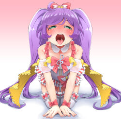 Rule 34 | 1girl, absurdres, after fellatio, all fours, cum, cum in mouth, etokakaitari, facial, female focus, full body, gradient background, green eyes, highres, kneeling, looking at viewer, manaka laala, open mouth, pretty series, pripara, purple hair, saliva, simple background, solo, tagme, teeth, tongue, tongue out, upper teeth only