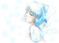 Rule 34 | 1girl, blue hair, blush, chie no ringo, chie no ringo (pixiv171891), cirno, closed mouth, embodiment of scarlet devil, fairy, fairy wings, from side, ice, ice wings, short hair, simple background, snowflakes, solo, touhou, upper body, white background, wings