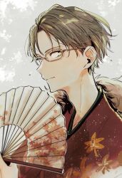 Rule 34 | 1boy, absurdres, closed mouth, commentary, ensemble stars!, folding fan, glasses, green eyes, green hair, hand fan, hasumi keito, highres, holding, holding fan, japanese clothes, looking at viewer, male focus, ninomiya (t 238 t), short hair, sideways glance, solo, upper body