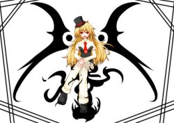 Rule 34 | 1girl, blonde hair, darkness, embodiment of scarlet devil, ex-rumia, female focus, full body, hat, highres, long hair, aged up, red eyes, rumia, solo, top hat, touhou, transparent background, yumehima1104