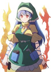 Rule 34 | 1girl, absurdres, apron, arm ribbon, belt, blue hair, blue ribbon, bow, breasts, brush, closed mouth, commentary request, dot nose, dress, fire, frills, green apron, green headwear, green scarf, grey belt, grey bow, hair between eyes, haniyasushin keiki, head scarf, highres, jewelry, large breasts, long hair, looking at viewer, magatama, magatama necklace, necklace, pocket, puffy short sleeves, puffy sleeves, red eyes, ribbon, scarf, sei (kaien kien), short sleeves, simple background, smile, solo, standing, touhou, white background, yellow dress