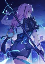 1girl black_gloves black_skirt cityscape closed_mouth commentary cowboy_shot dress_shirt english_commentary from_behind glasses gloves hair_between_eyes high-waist_skirt highres holding holding_polearm holding_weapon kuro_lee lightning long_hair night night_sky outdoors pencil_skirt pink_eyes pink_hair polearm shirt sidelocks skirt sky smile solo star_(sky) tsukishiro_yanagi weapon white_shirt zenless_zone_zero