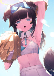 Rule 34 | 1girl, absurdres, animal ears, armpits, arms up, black hair, blue archive, blue eyes, blush, breasts, cheerleader, cleavage, commentary, cowboy shot, crop top, dog ears, dog girl, dog tail, eyewear on head, goggles, goggles on head, halo, hibiki (blue archive), hibiki (cheer squad) (blue archive), highres, holding, holding pom poms, long hair, looking at viewer, midriff, millennium cheerleader outfit (blue archive), navel, pleated skirt, pom pom (cheerleading), pom poms, signalviolet, skirt, small breasts, solo, sticker on face, sweat, tail, wet