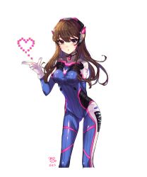 Rule 34 | 1girl, absurdres, animal print, arm behind back, armor, bodysuit, boots, breasts, brown eyes, brown hair, cowboy shot, cropped legs, d.va (overwatch), facepaint, facial mark, gloves, headphones, heart, high collar, highres, long hair, medium breasts, overwatch, overwatch 1, pilot suit, rabbit, rabbit print, shoulder pads, simple background, smile, solo, turtleneck, weapon, whisker markings, white background, white footwear, white gloves, xes (xes 5377)