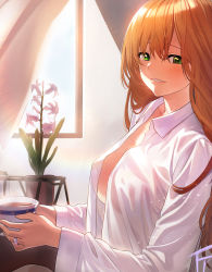 Rule 34 | 1girl, absurdres, blush, breasts, brown hair, cup, curtains, flower, fpanda, from side, girls&#039; frontline, green eyes, highres, indoors, jewelry, large breasts, long hair, long sleeves, springfield (girls&#039; frontline), no bra, open clothes, open shirt, parted lips, ring, shirt, smile, solo, sunlight, teacup, wedding band