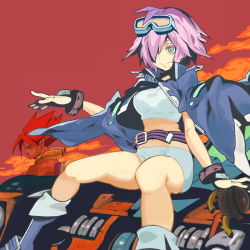 Rule 34 | 1boy, 1girl, angry, aqua eyes, arm support, belt, bike shorts, boots, bracelet, cat, cloud, crop top, dark skin, frown, gloves, goggles, goggles on head, hair over one eye, jacket, jewelry, knee boots, legs, midriff, mikagura tomoe, muscular, navel, open clothes, open jacket, outdoors, pink hair, pointing, shirt, short hair, shorts, sitting, sky, smile, spiked hair, spread legs, sunset, tailenders, taut clothes, taut shirt, tomoe shiro, yuuki (irodo rhythm)