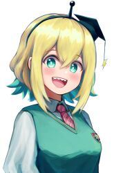 Rule 34 | 1girl, :d, amano pikamee, aqua eyes, aqua hair, black hairband, blush, collared shirt, colored inner hair, commentary, english commentary, graduation, green sweater vest, hair between eyes, hairband, hat, highres, mokuka noe, mortarboard, multicolored hair, necktie, open mouth, red necktie, sharp teeth, shirt, short hair, sidelocks, smile, solo, sweater vest, teeth, two-tone hair, upper body, virtual youtuber, voms, white shirt
