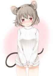 Rule 34 | 1girl, akagashi hagane, alternate costume, animal ears, blush, dress, ear blush, grey hair, long sleeves, looking at viewer, mouse ears, mouse tail, nazrin, parted lips, red eyes, short hair, simple background, smile, solo, sweat, sweater, sweater dress, tail, touhou, turtleneck
