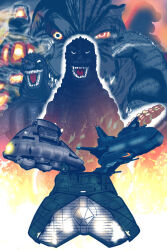 Rule 34 | aircraft, bioluminescence, burning godzilla, cannon, claws, cloud, diamond (gemstone), directed-energy weapon, energy cannon, fangs, fire, fire-mirror, floating, flying, giant, giant monster, glowing, glowing eyes, glowing mouth, godzilla, godzilla (series), godzilla vs. biollante, godzilla vs. destoroyah, godzilla vs. mechagodzilla (1993), highres, kaijuu, kenpachiro satsuma, laser cannon, laser weapon, long tail, maser cannon, military, military vehicle, missile, missile launcher, monster, multiple persona, munobusi3, no humans, open mouth, realistic, roaring, rocket (projectile), scales, science fiction, sharp teeth, smoke, spikes, spines, super-x, super-x2, super-x3, super x, super x2, super x3, tail, teeth, the return of godzilla, toho, tokusatsu, weapon, wings, yellow eyes