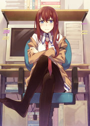 Rule 34 | 1girl, annoyed, blue eyes, blush, brown hair, computer, crossed arms, crossed legs, face, feet, female focus, foreshortening, inato serere, jacket, makise kurisu, necktie, no shoes, pantyhose, red necktie, sitting, solo, steins;gate, toes