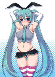 Rule 34 | 1girl, adapted costume, aqua hair, armpits, arms up, blue eyes, blush, breasts, cosplay, covered erect nipples, crop top, elbow gloves, g-string, gloves, hair ribbon, halftone, halftone background, halterneck, hatsune miku, hormone koijirou, kantai collection, large breasts, long hair, microskirt, midriff, navel, necktie, panties, pleated skirt, ribbon, shimakaze (kancolle), shimakaze (kancolle) (cosplay), skirt, solo, standing, striped clothes, striped thighhighs, thigh gap, thighhighs, thong, triangle mouth, twintails, underwear, very long hair, vocaloid