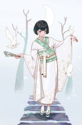 Rule 34 | 1girl, arms at sides, bare tree, bird, black hair, blunt bangs, bright pupils, closed mouth, crescent moon, dove, full body, green sash, hair ornament, hairclip, hand fan, highres, holding, holding fan, japanese clothes, kimono, looking at viewer, moon, obi, original, paper fan, path, platform footwear, purple eyes, qizhu, road, sash, short hair, socks, solo, standing, tree, white bird, white kimono, white pupils, white socks, wide sleeves