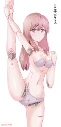 Rule 34 | 1girl, absurdres, android, barcode, brown hair, commentary request, crotch, hand on own foot, highres, joints, long hair, looking at viewer, mechanical parts, original, purple eyes, rasen manga, robot joints, signature, smile, solo, split, standing, standing on one leg, standing split, thighs, white background