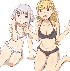 Rule 34 | 2girls, bikini, black bikini, blonde hair, bow, braid, breasts, collarbone, crown braid, feet out of frame, fire emblem, fire emblem heroes, flat chest, kuhuku006f86, long hair, looking at another, looking at viewer, matching outfits, multiple girls, navel, nintendo, open hands, open mouth, sharena (fire emblem), short hair with long locks, sitting, small breasts, swimsuit, thighs, veronica (fire emblem), wariza, white background, white bikini, white hair
