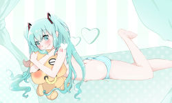 Rule 34 | 1girl, aqua hair, ass, barefoot, blush, butt crack, green eyes, hair between eyes, hatsune miku, heart, highres, legs, long hair, lying, mou niu, on stomach, panties, smile, solo, striped clothes, striped panties, stuffed animal, stuffed toy, topless, twintails, underwear, underwear only, vocaloid