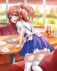 Rule 34 | 1girl, :d, alternate color, anna miller, apron, arm support, bad id, bad pixiv id, blue eyes, bow, breasts, brown hair, chaki-yam, cup, frilled thighhighs, frills, hair ornament, hair scrunchie, indoors, leaning forward, looking at viewer, looking back, menu, open mouth, original, plate, restaurant, saucer, scrunchie, short sleeves, side ponytail, small breasts, smile, solo, table, teeth, thighhighs, towel, waitress, white thighhighs, window, wiping