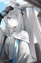 Rule 34 | 1girl, animal ear fluff, animal ears, ao oni (onioni-aoi), arknights, black gloves, blue eyes, bright pupils, cloak, frostnova (arknights), gloves, grey hair, hair over one eye, hand on own head, highres, long hair, looking at viewer, parted lips, rabbit ears, smile, solo, sparkle, upper body