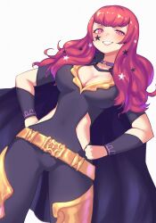 Rule 34 | 1girl, absurdres, belt, bodysuit, breasts, cape, choker, cleavage, clothing cutout, commentary, covered navel, english commentary, eyelashes, facial mark, film grain, fire emblem, fire emblem engage, gold belt, grin, hair ornament, hands on own hips, high collar, highres, legs apart, long hair, looking at viewer, medium breasts, nintendo, pink eyes, pink hair, pink lips, purple bodysuit, purple cape, purple choker, sher (imnotsher), side cutout, simple background, smile, solo, standing, star (symbol), star facial mark, star hair ornament, teeth, white background, yunaka (fire emblem)
