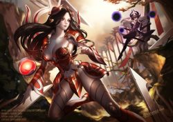 Rule 34 | 2girls, armor, black hair, blade, blurry, breasts, citemer, cleavage, depth of field, double bun, ear protection, energy ball, fighting, forehead jewel, forehead protector, gloves, hair ornament, highres, irelia, large breasts, league of legends, liuruoyu8888, long hair, looking at another, multiple girls, no panties, orb, pauldrons, purple eyes, revealing clothes, shoulder armor, silver hair, syndra, thighs, vambraces, very long hair, weapon