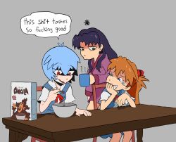 Rule 34 | 3girls, angry, ayanami rei, black socks, blue eyes, blue hair, chimeraenvy, cup, desk, eating, english text, grey background, hair between eyes, highres, holding, holding cup, holding spoon, katsuragi misato, laughing, long hair, multiple girls, neck ribbon, neon genesis evangelion, open mouth, orange hair, profanity, red eyes, ribbon, school uniform, shaded face, sharp teeth, shirt, shoes, short hair, short sleeves, simple background, sitting, skirt, socks, souryuu asuka langley, speech bubble, spoon, suspender skirt, suspenders, teeth, tokyo-3 middle school uniform, two side up, white shirt