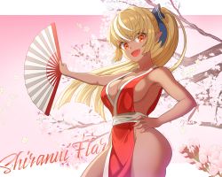 Rule 34 | 1girl, absurdres, artist request, blonde hair, breasts, character name, cherry blossoms, cosplay, dark-skinned female, dark skin, dress, fan, fang, fatal fury, folding fan, hand fan, hand on own hip, highres, holding, hololive, large breasts, long hair, looking at viewer, name connection, open mouth, pointy ears, ponytail, red dress, red eyes, shiranui flare, shiranui mai, shiranui mai (cosplay), side slit, sleeveless, sleeveless dress, smile, snk, tree, virtual youtuber