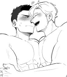Rule 34 | 2boys, ao isami, bara, black hair, blonde hair, blush, commentary request, couple, facial hair, greyscale, happy, heart, highres, large pectorals, lewis smith, male focus, monochrome, multiple boys, nipples, noses touching, nude, pectorals, shy, sideburns stubble, stubble, thick eyebrows, upper body, yaoi, yukiri ngo, yuuki bakuhatsu bang bravern