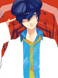 Rule 34 | 1girl, androgynous, artist request, atlus, blue eyes, blue hair, cabbie hat, collared shirt, crossdressing, dark persona, female focus, hat, lab coat, lips, matching hair/eyes, necktie, persona, persona 4, reverse trap, shadow (persona), shirogane naoto, shirt, short hair, smile, solo