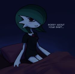 Rule 34 | 1girl, bed, bed sheet, black shirt, blue background, bottomless, creatures (company), english text, female focus, game freak, gardevoir, gen 3 pokemon, green hair, hair over one eye, indoors, kurozu (clarion), looking at viewer, looking to the side, night, nintendo, pillow, pokemon, pokemon (creature), pokemon rse, red eyes, shirt, short hair, short sleeves, simple background, sitting, smile, solo, teeth, text focus, torn clothes, torn shirt