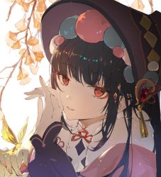 Rule 34 | 1girl, black hair, blunt bangs, bonnet, branch, bug, butterfly, capelet, fur-trimmed capelet, fur trim, genshin impact, hat, highres, insect, leaf, lolita fashion, long hair, long sleeves, looking at viewer, makeup, nail polish, orange nails, parted lips, pink capelet, portrait, qi lolita, red eyes, simple background, solo, tassel, white background, yue (shemika98425261), yun jin (genshin impact)